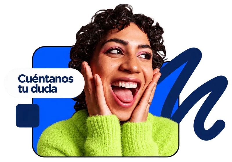 Imagen ilustrativa: Mujer sorprendida con suéter lima y las manos en la cara; etiqueta «Cuéntanos tu duda».