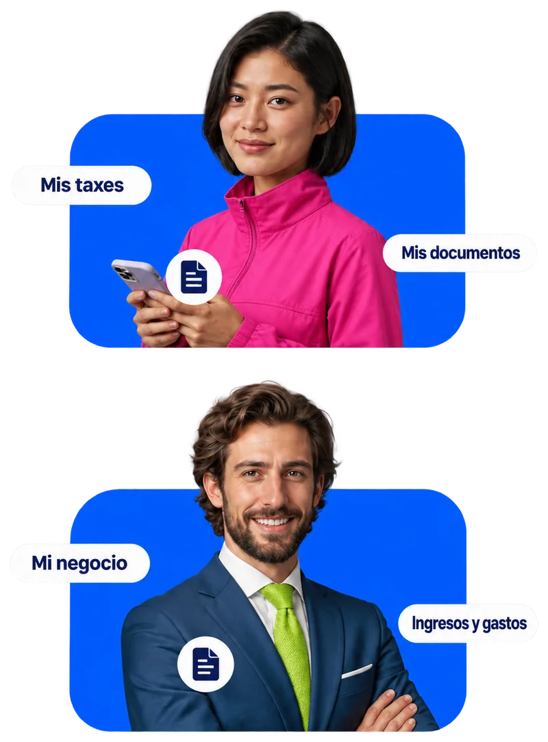 Imagen ilustrativa: Dos personas en tarjetas azules: una mujer con teléfono (etiquetas «Mis taxes» y «Mis documentos») y un hombre de traje (etiquetas «Mi negocio» e «Ingresos y gastos»).